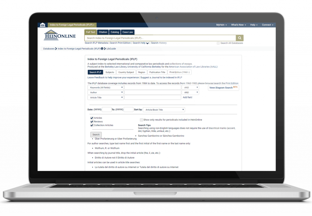 laptop showing heinonline"s index to foreign legal periodicals