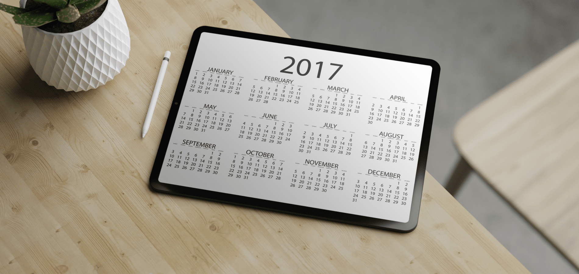 Tablet with a 2017 calendar