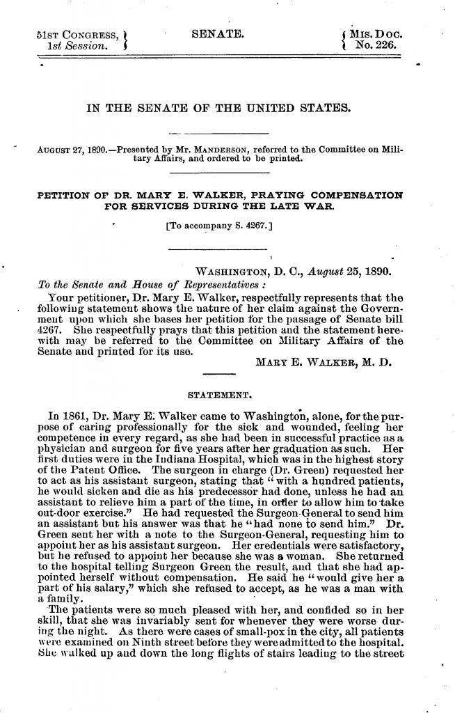 Senate Document about Dr. Mary E. Walker