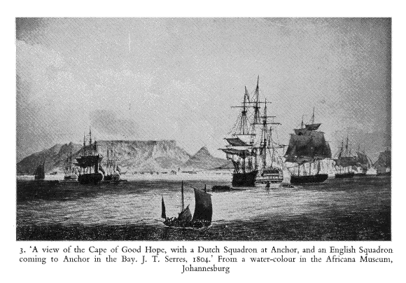 Watercolor painting of Dutch squadron at Cape of Good Hope
