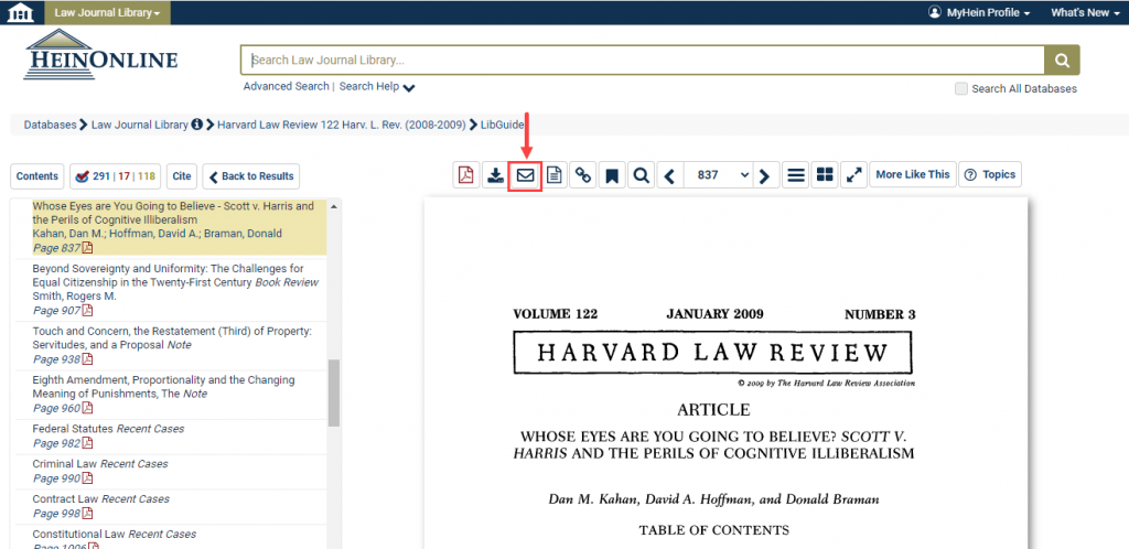 HeinOnline document in page viewer with arrow pointing to email icon