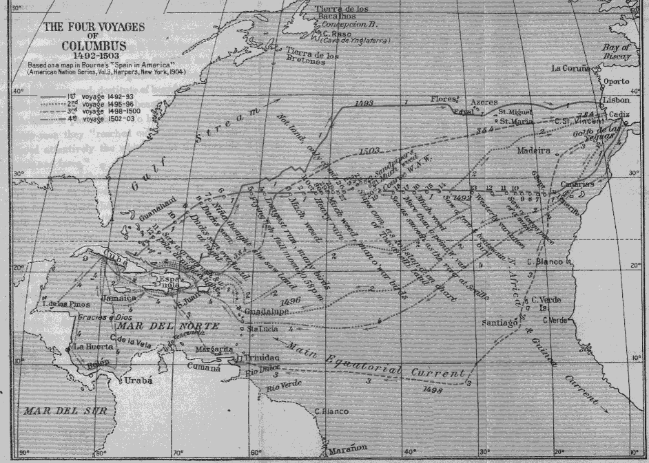 Map of the four voyages of Columbus
