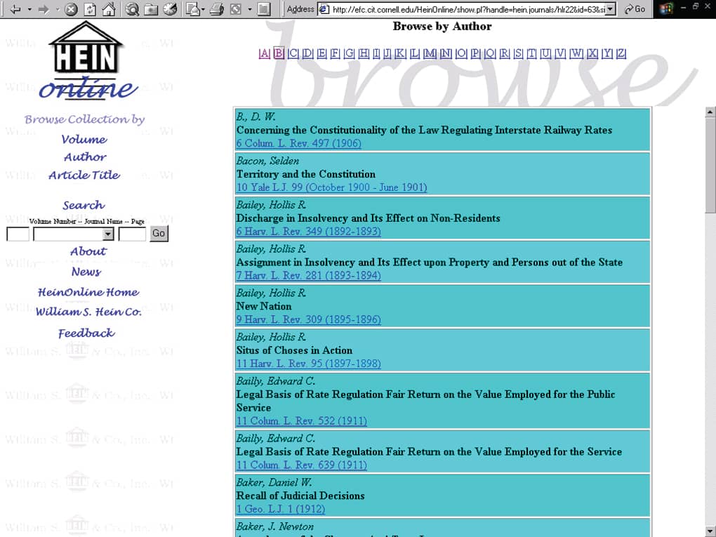Old HeinOnline Browse by Author interface
