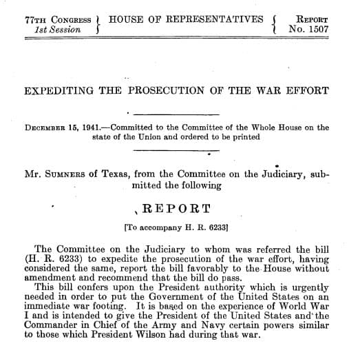 House Report expediting prosecution of the war effort