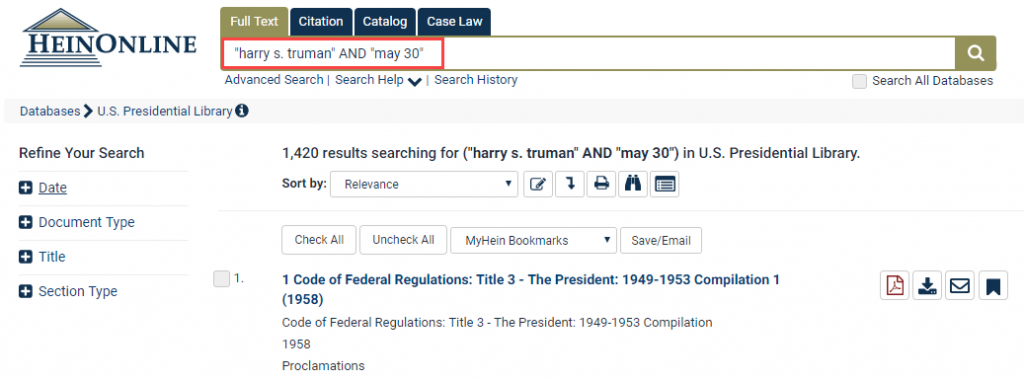 search example for Harry S. Truman