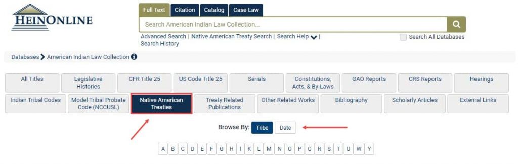 Screenshot of Native American Law Collection Treaty Library