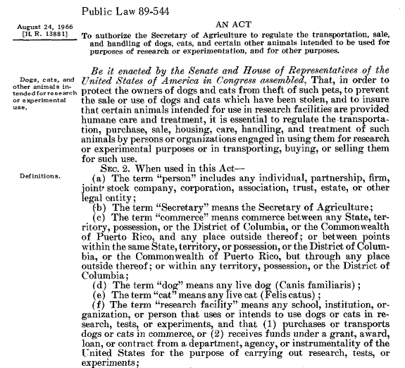 Screenshot of the Animal Welfare Act passed by the U.S. Government