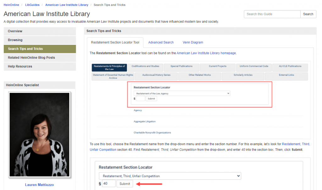 Screenshot of American Law Institute Library LibGuide