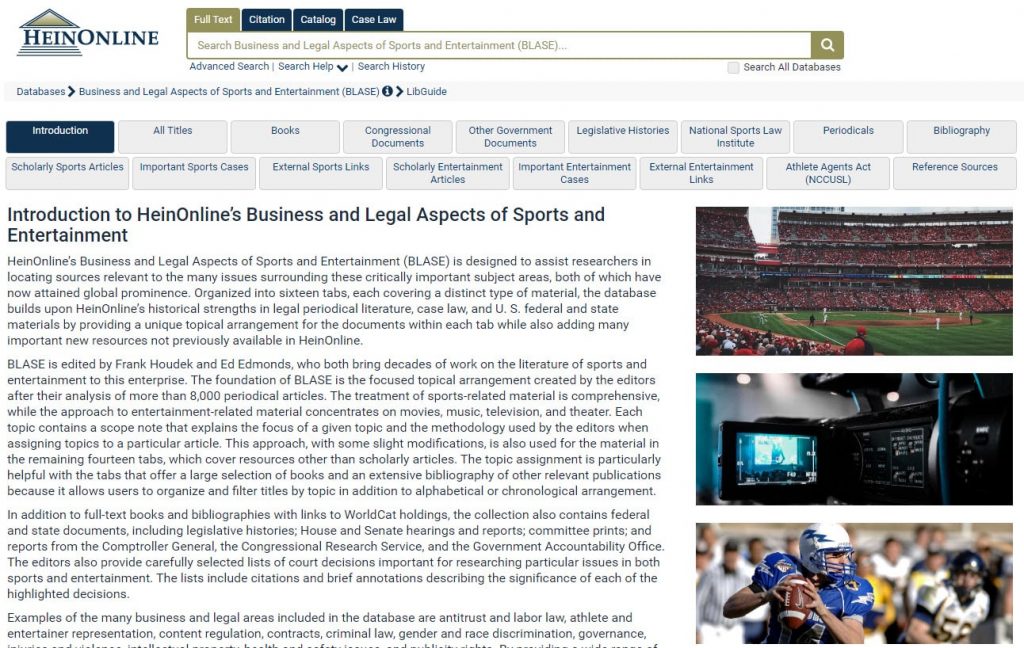 Screenshot of Business and Legal Aspects of Sports and Entertainment in HeinOnline