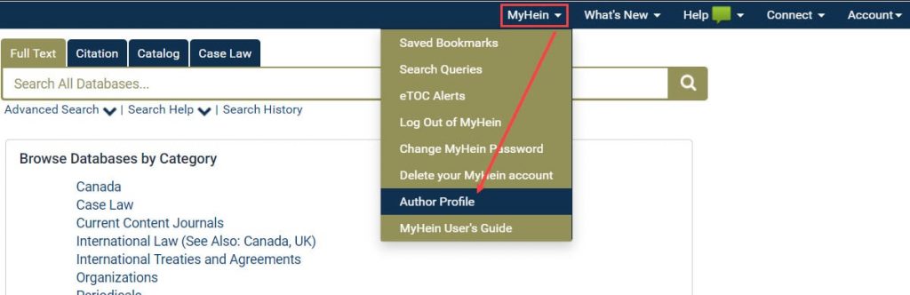 Screenshot showing Author Profiles link from MyHein in HeinOnline