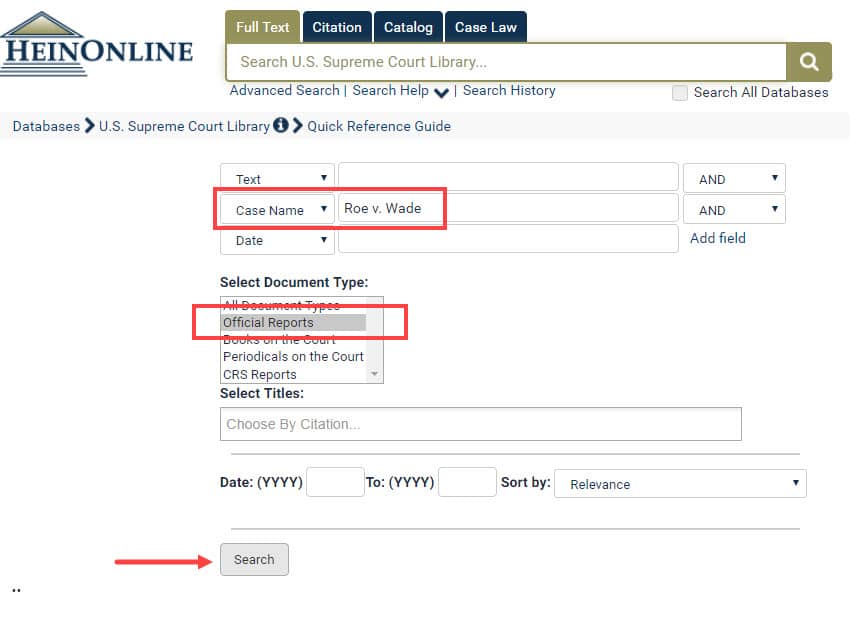 Screenshot of U.S. Supreme Court Library Quick Reference Guide