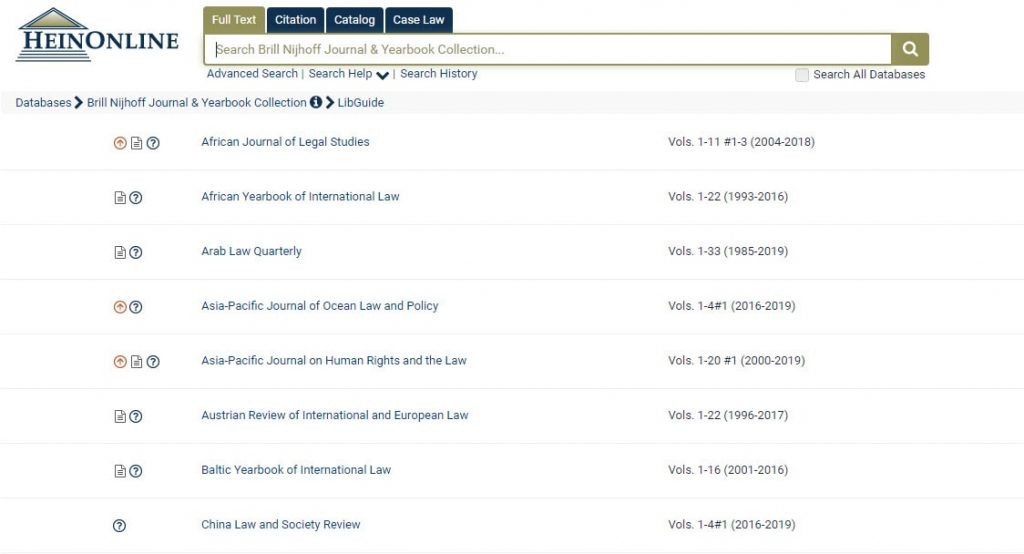 Screenshot of Brill Nijhoff database in HeinOnline