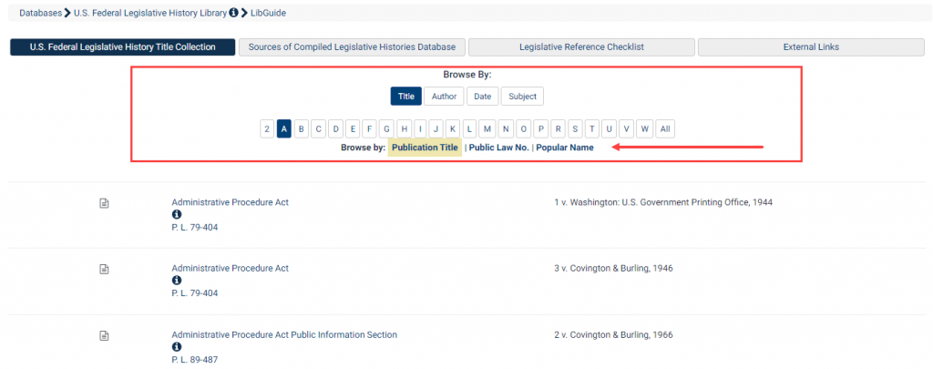 Browse by options in the U.S. Federal Legislative History Library 