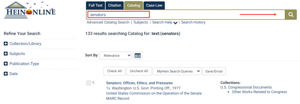 Screenshot of search results for senators in HeinOnline
