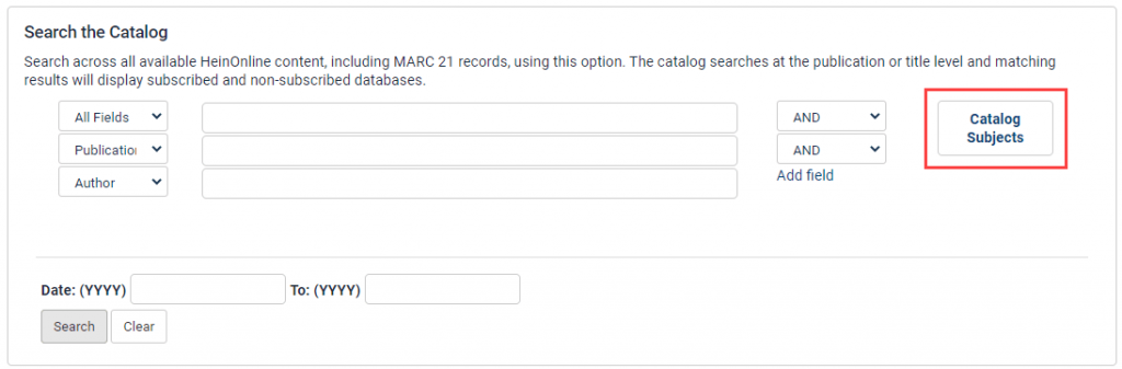 Advanced Catalog Search in HeinOnline featuring Catalog Subjects