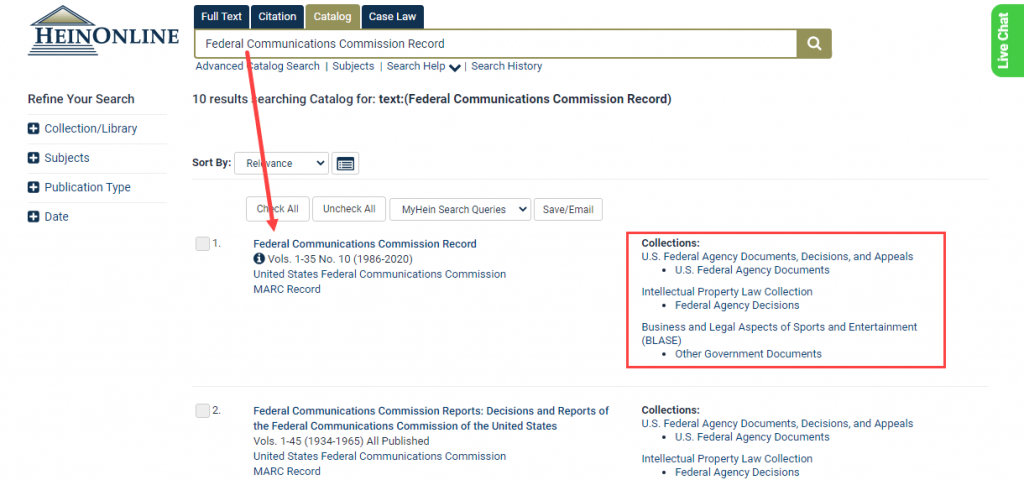 Screenshot of Federal Commission Record search results in HeinOnline