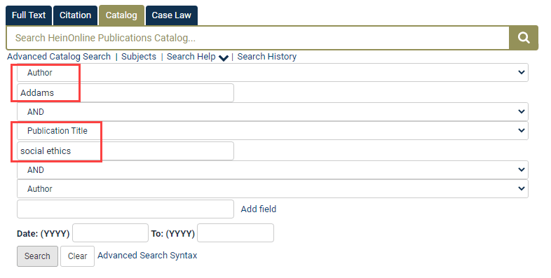 Screenshot of Advanced Catalog Search tool in HeinOnline