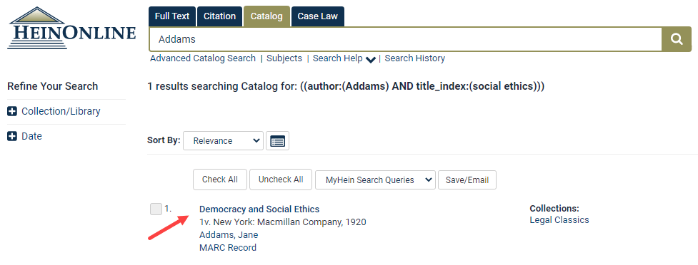 Screenshot of Catalog Author Search results in HeinOnline