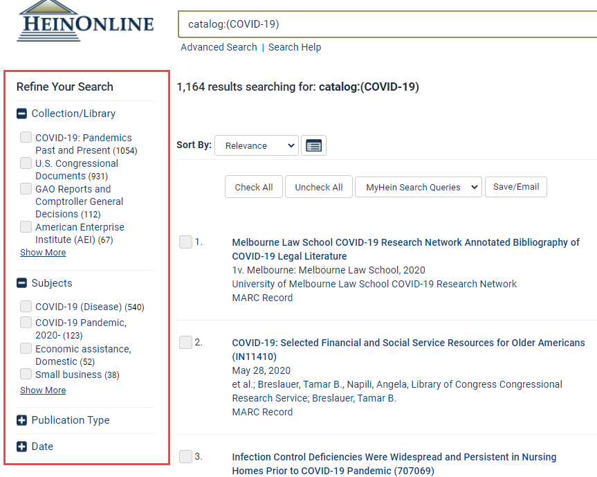 HeinOnline search results featuring Refine Your Search options