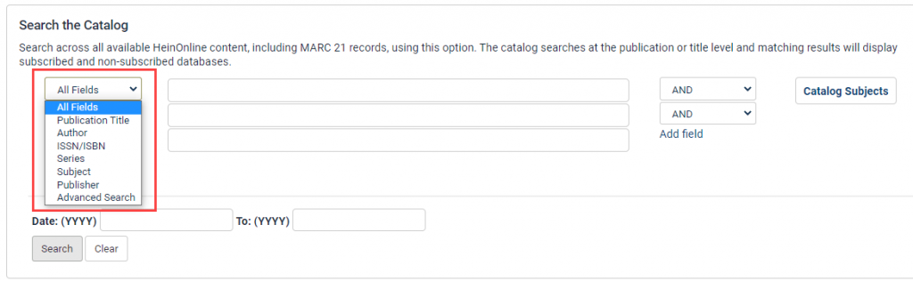 Advanced Catalog Search option within HeinOnline