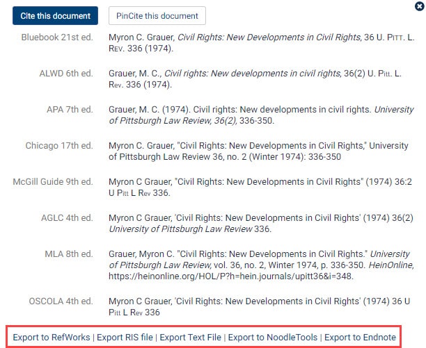 Screenshot of HeinOnline citations or an article