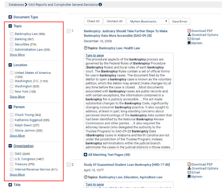 Screenshot of GAO Reports and Comptroller General Decisions Search Tools in HeinOnline