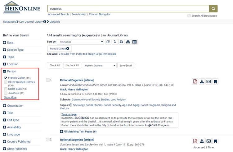 Search results in the Law Journal Library with facet selected