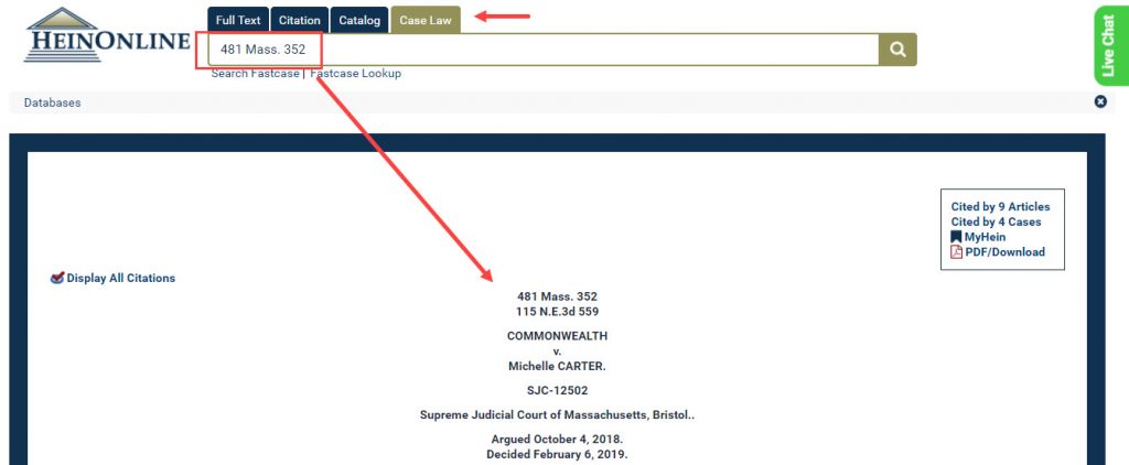 Screenshot of case citation searching in HeinOnline