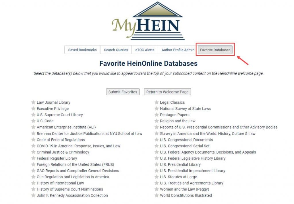 Screenshot of favoriting databases in MyHein