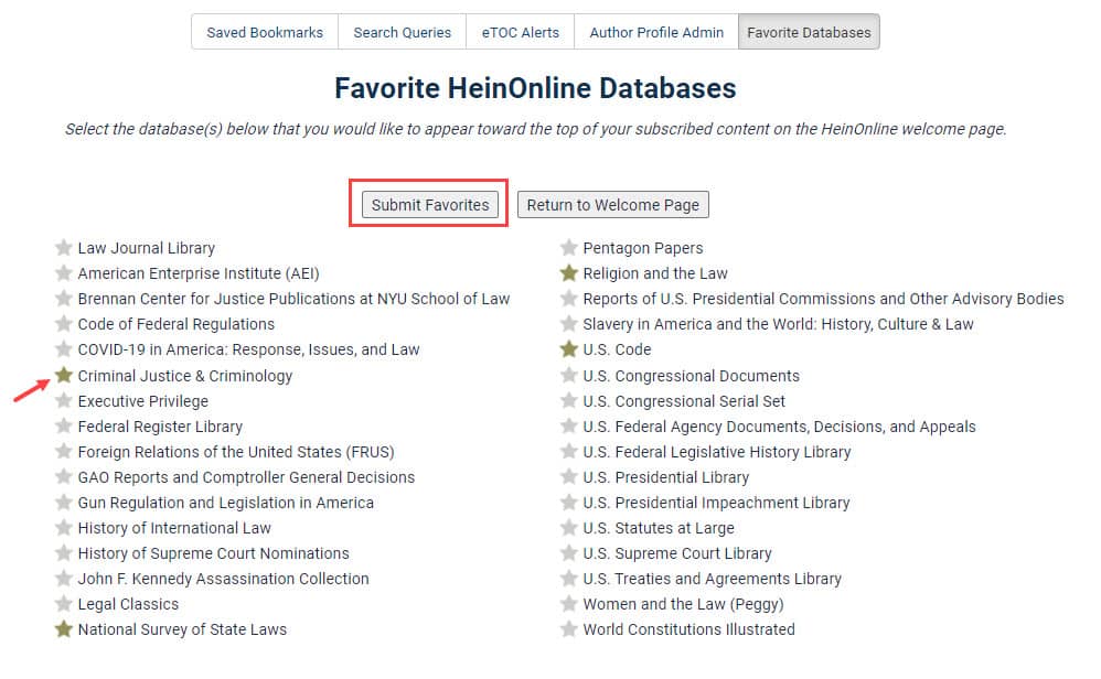 Screenshot of favoriting databases in MyHein featuring submit favorites