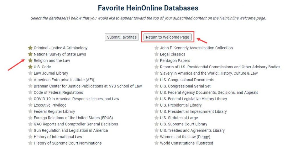 Screenshot of favoriting databases in MyHein featuring return to home