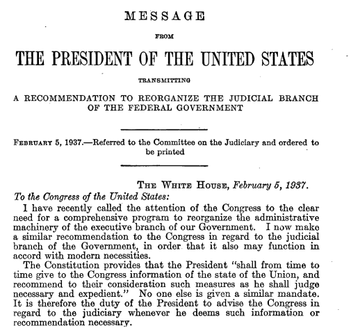 Screenshot of FDR's message about court packing