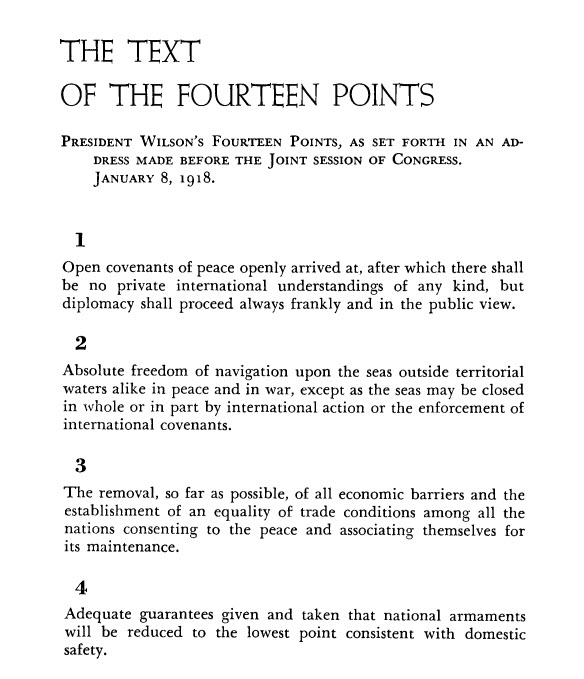 Screenshot of Woodrow Wilson's Fourteen Points