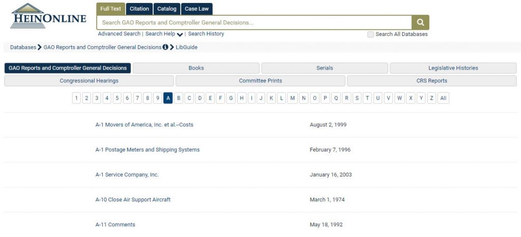 Screenshot of GAO Reports database in HeinOnline