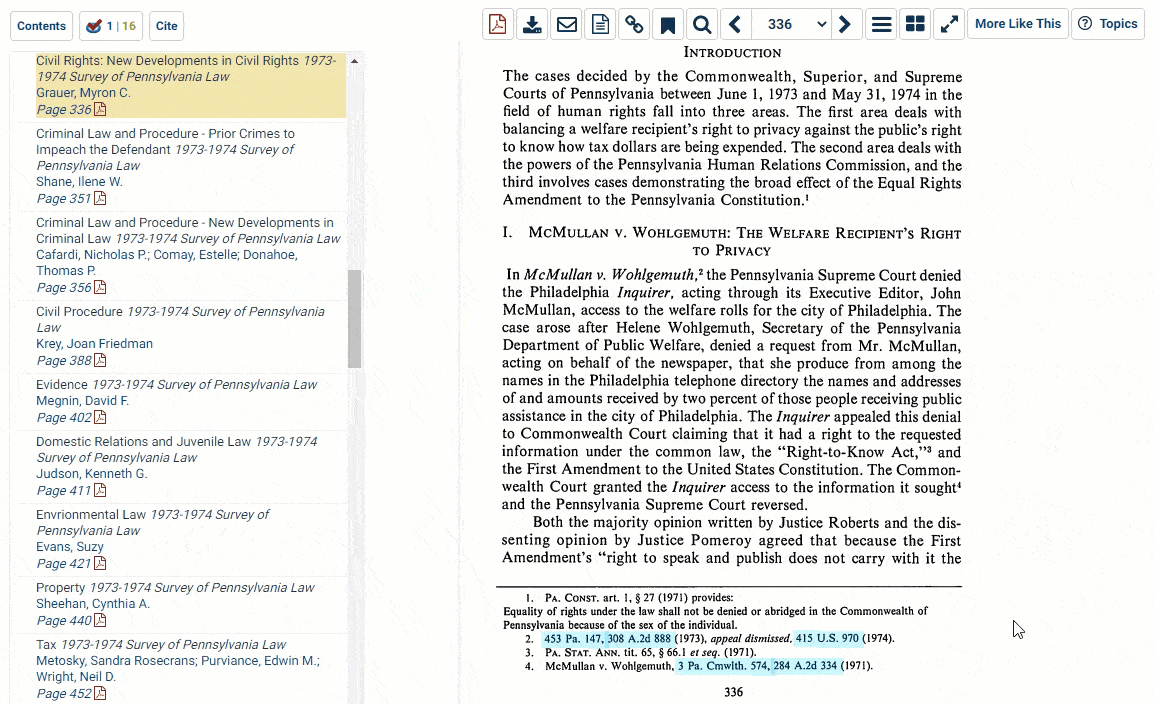 Gif highlighting pulling up a case from a citation within a article