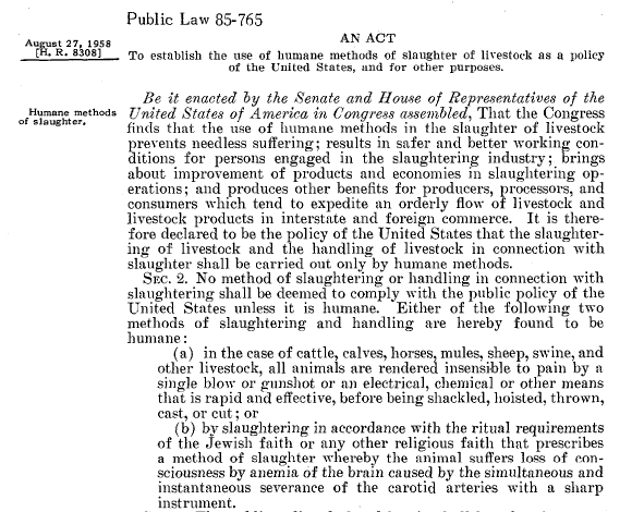 Screenshot of the Humane Slaughter Act passed by the U.S. Government