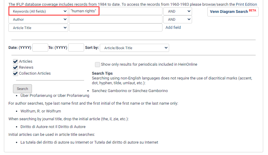 Multilingual keyword search in Index to Foreign Legal Periodicals