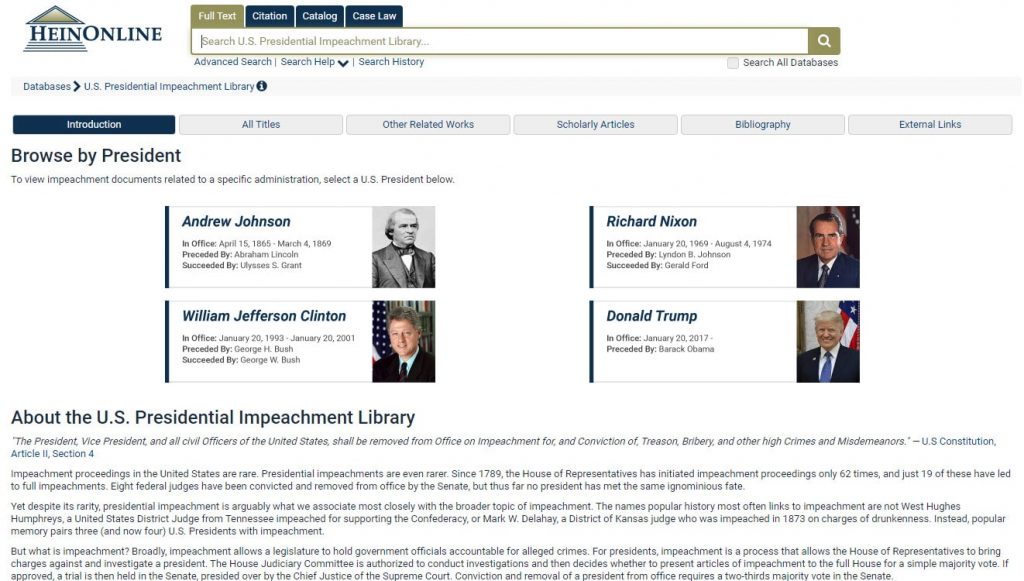 Screenshot of HeinOnline's U.S. Presidential Impeachment Library