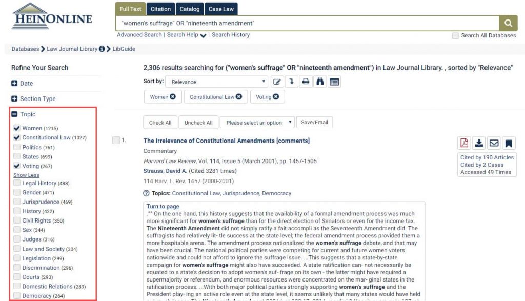 Screenshot of search results in the Law Journal Library featuring the Topic filter