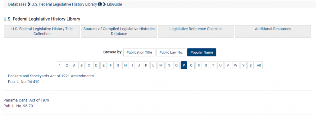 Screenshot of U.S. Federal Legislative History Library browse option