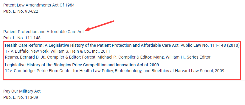 Screenshot highlighting Affordable Care Act legislative history