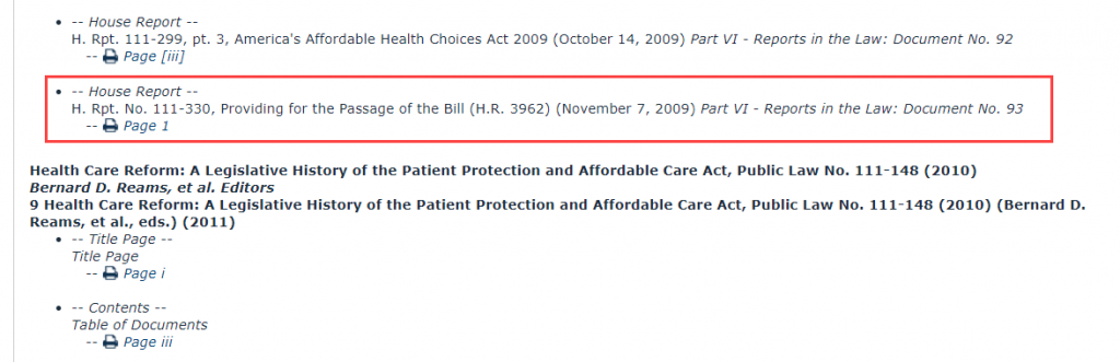 Screenshot of pages within Affordable Care Act Legislative History
