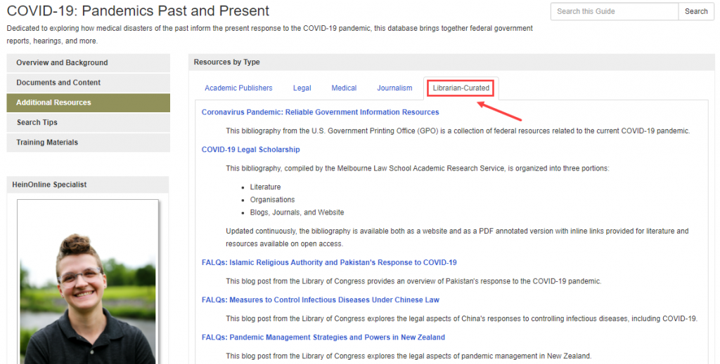 Screenshot of Additional Resources available in HeinOnline including Librarian-Curated information