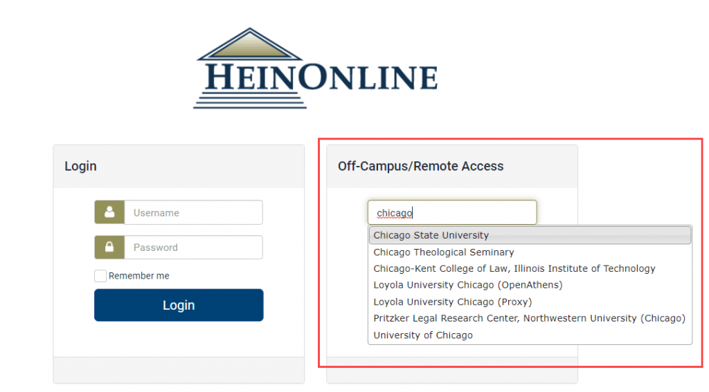 HeinOnline login screen featuring off-campus access