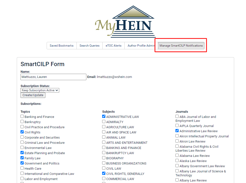 Manage SmartCILP Notifications Portal in MyHein