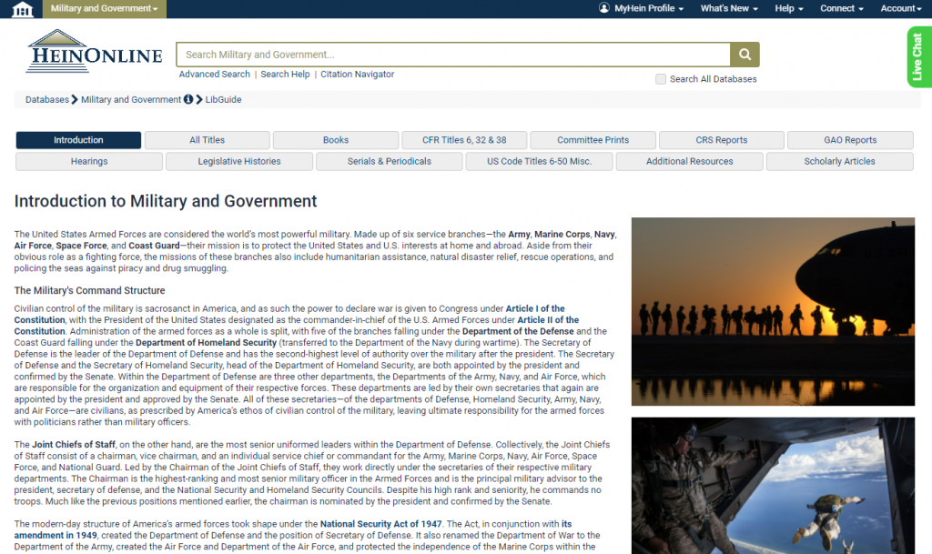 Screenshot of Military and Government introduction page