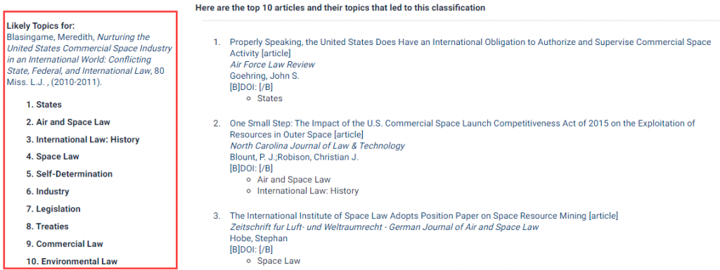 Screenshot of Likely Topics and top related Articles in HeinOnline