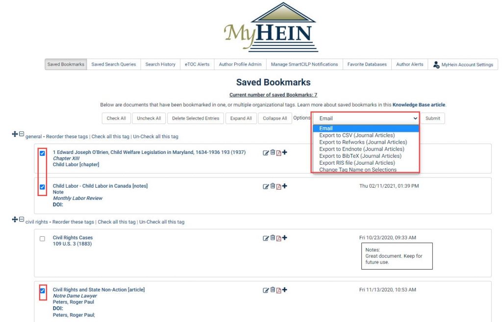 Screenshot of MyHein featuring saved bookmarks