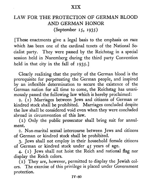 Nuremberg Law prohibiting marriages between Germans and Jews