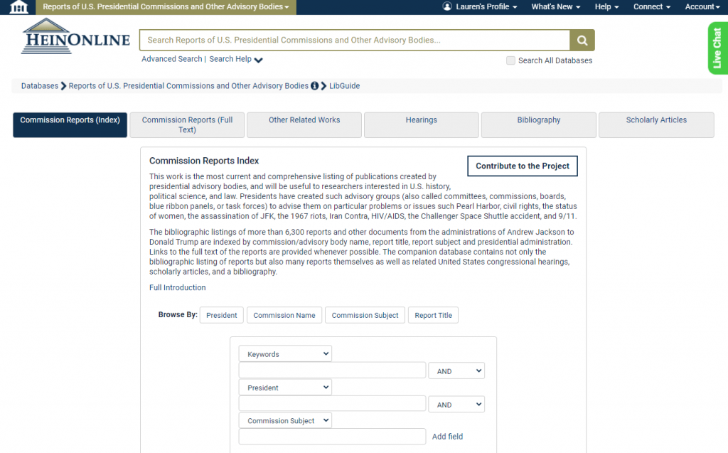 Screenshot of U.S. Presidential Commission Reports Index